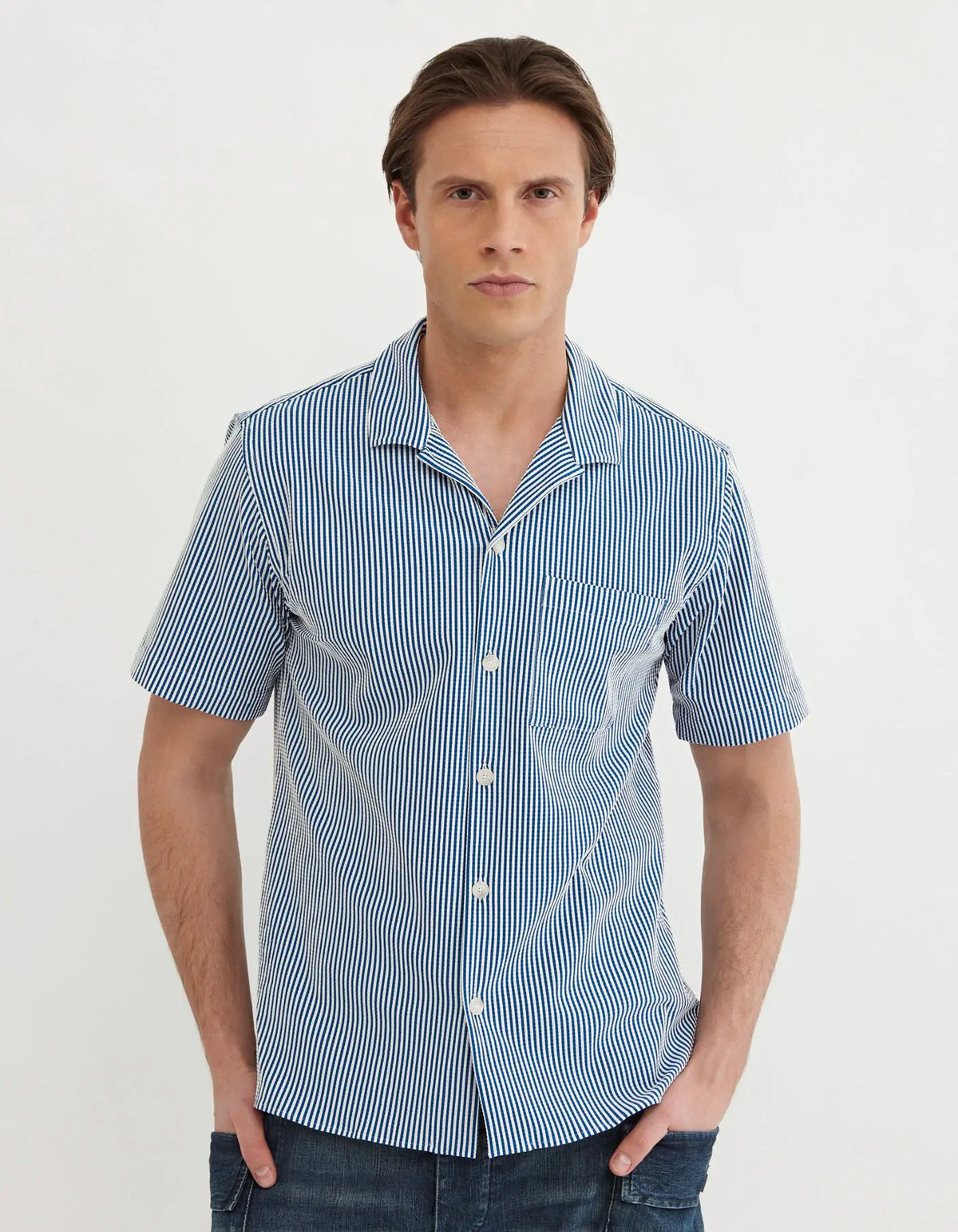 ID25262-Xacus S/S Blue Stripe Seersucker Shirt