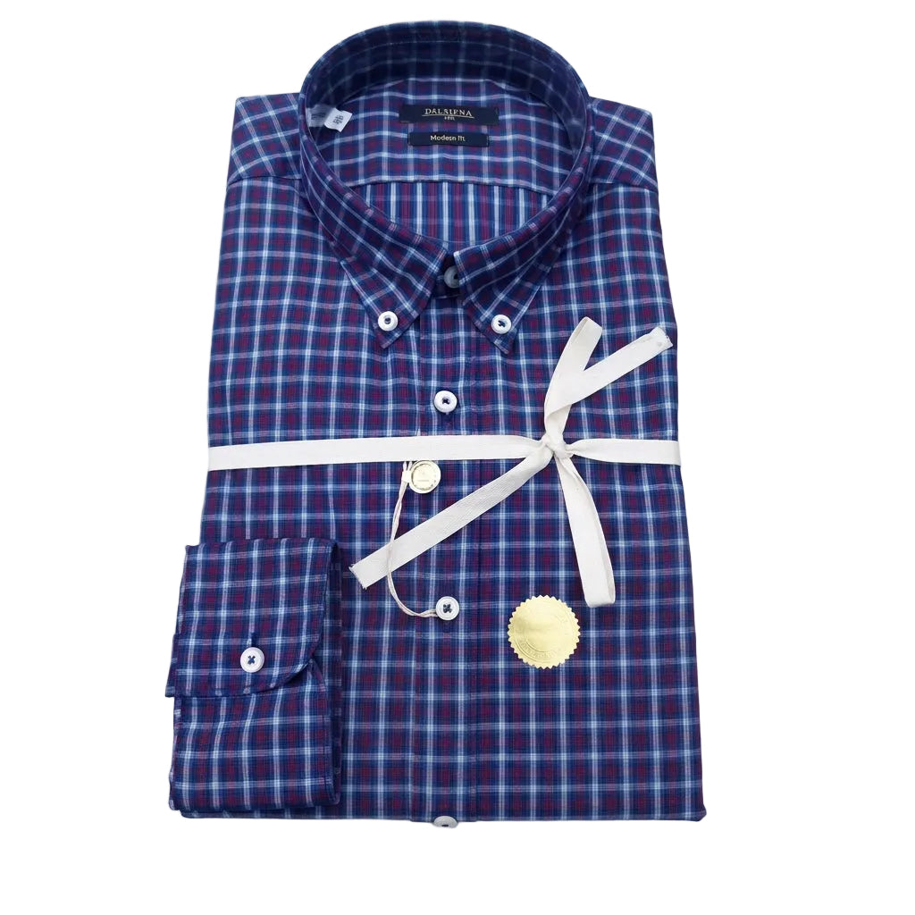 A folded men's button-down dress shirt with a blue and white plaid pattern, tied with a white ribbon and a gold paper tag, on a light gray background.