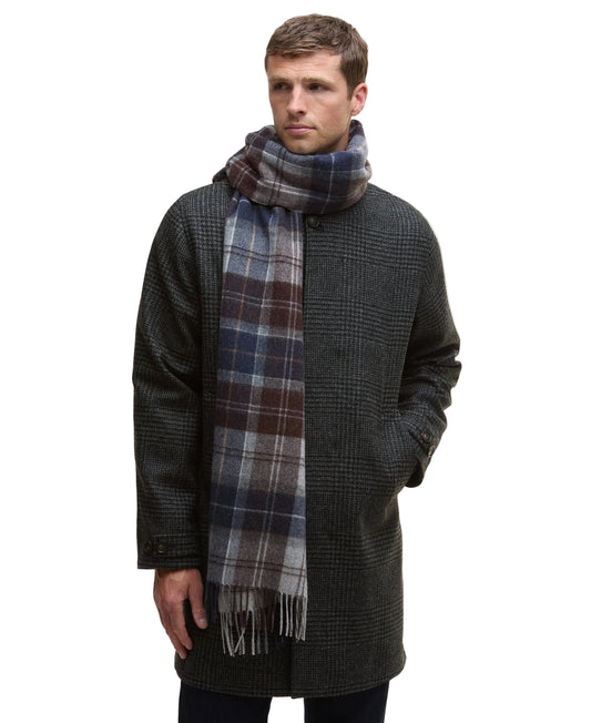 Man wearing a dark coat and plaid scarf on a white background