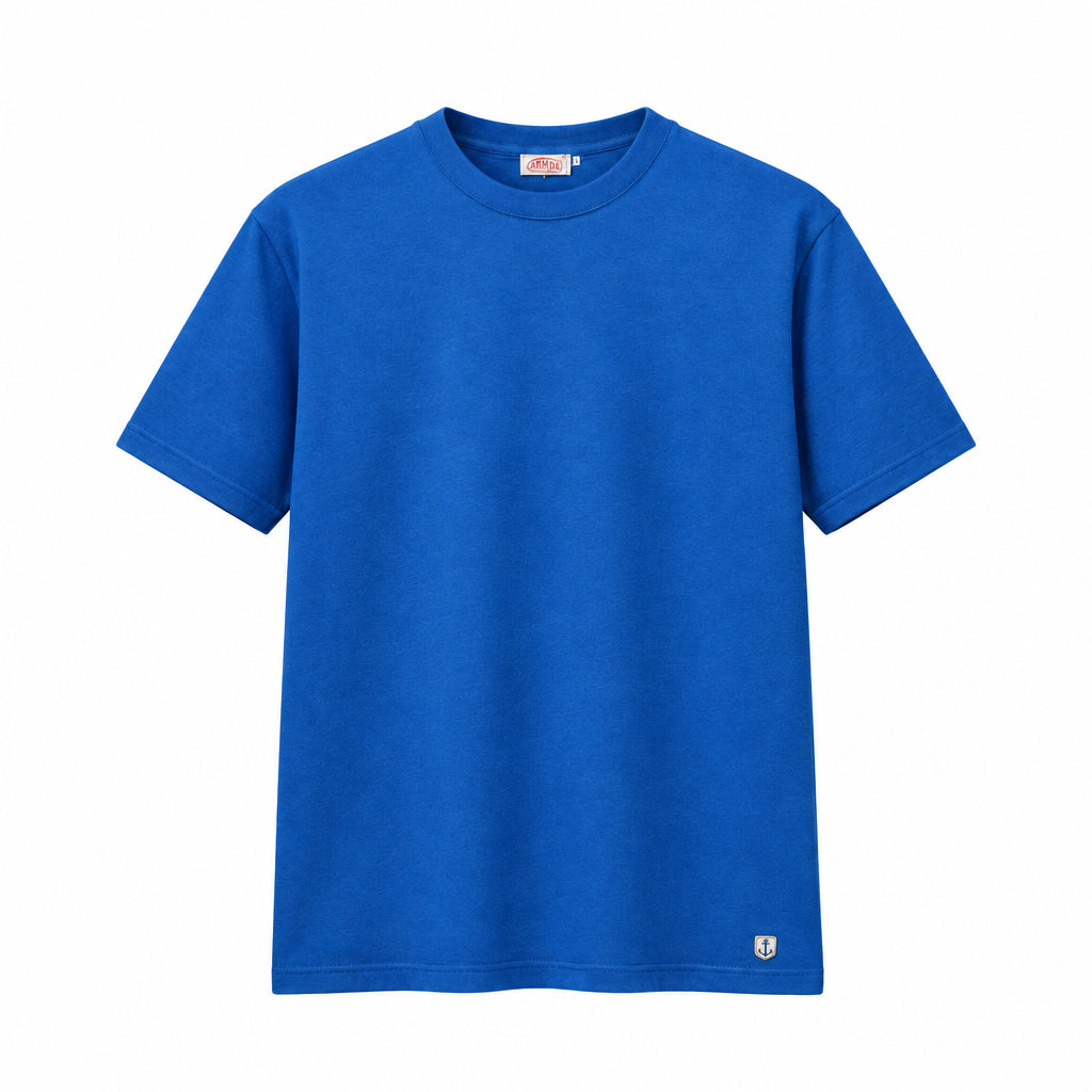 A bright blue short-sleeve crewneck t-shirt hanging on a wooden hanger against a light gray background.