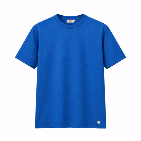 A bright blue short-sleeve crewneck t-shirt hanging on a wooden hanger against a light gray background.