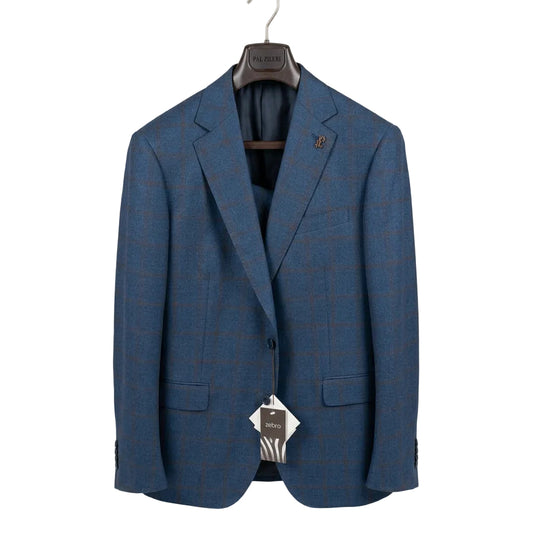 A Pal Zileri two-piece suit displayed on a hanger, featuring a mid blue brown shadow overcheck pattern.