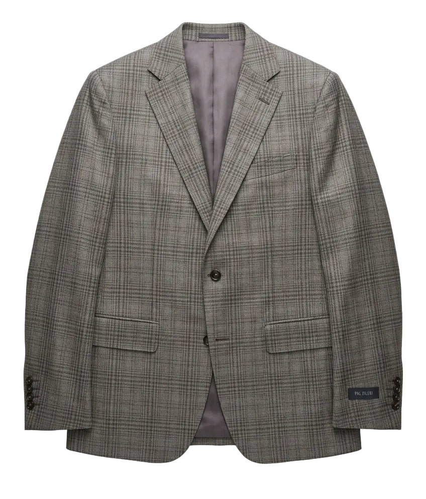 Close-up of a brown check wool jacket sleeve with a label showing the brand name 'Pal Zileri'.