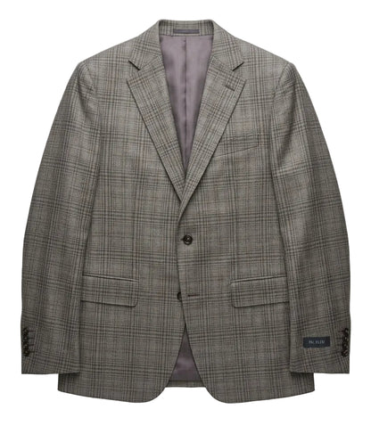 Close-up of a brown check wool jacket sleeve with a label showing the brand name 'Pal Zileri'.