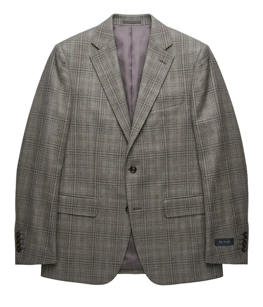 Close-up of a brown check wool jacket sleeve with a label showing the brand name 'Pal Zileri'.