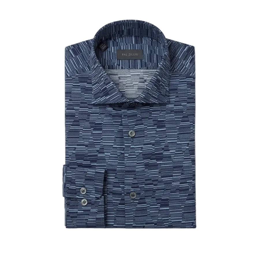 A folded long-sleeve button-up shirt with a blue and white abstract linear pattern, displayed on a light off-white background.
