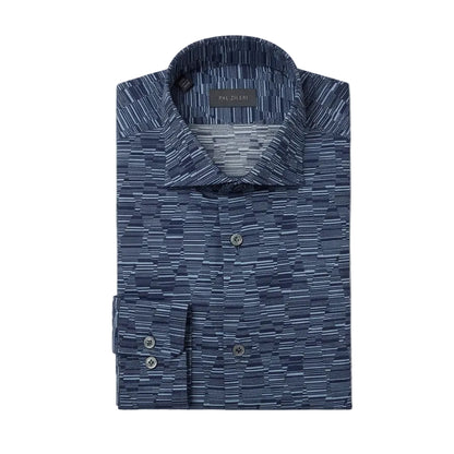 A folded long-sleeve button-up shirt with a blue and white abstract linear pattern, displayed on a light off-white background.