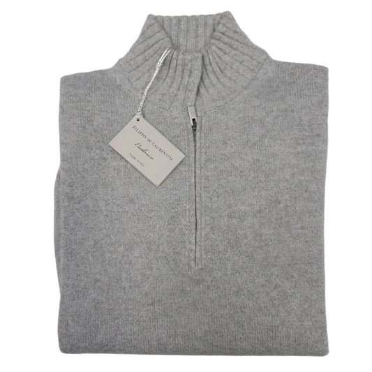 Folded silver marl quarter zip sweater with tags attached, displaying the brand name 'Filippo De Laurentiis'.
