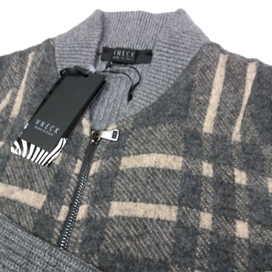 ID6439-V Neck Grey Check Zip Cardigan