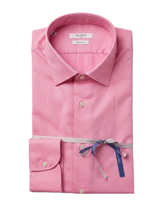 A folded pink dress shirt with a subtle micro-dot pattern, featuring a pointed collar, button-down front, and a matching pink neck ribbon tied with a blue bow, shown on a light gray background.