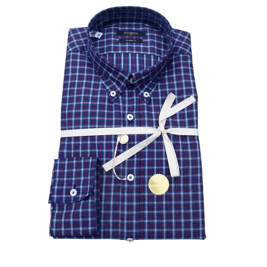 A folded men's button-down dress shirt with a blue and white plaid pattern, tied with a white ribbon and a gold paper tag, on a light gray background.