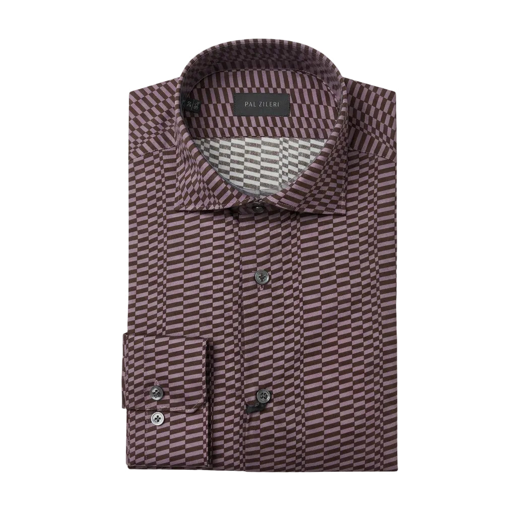 A folded long-sleeve button-up dress shirt with a dark purple and black geometric zigzag pattern, featuring a pointed collar and a visible 'PAU PEAU' brand label inside the collar.